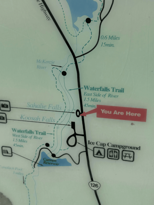Trail map near Sahalie Falls marking the detour that led to a Gen Z money conversation